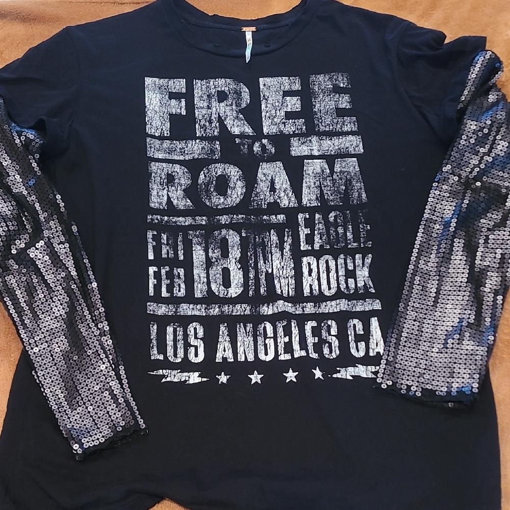 Free People Black Long Sleeve Tee with Silver Sequin Sleeves